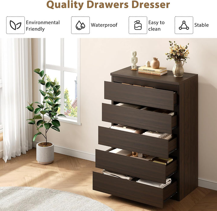 Modern 5 Drawer Dresser for Bedroom, 15" D X 23.7" W X 40.4" H in Simply Chest of Drawers (Brown)