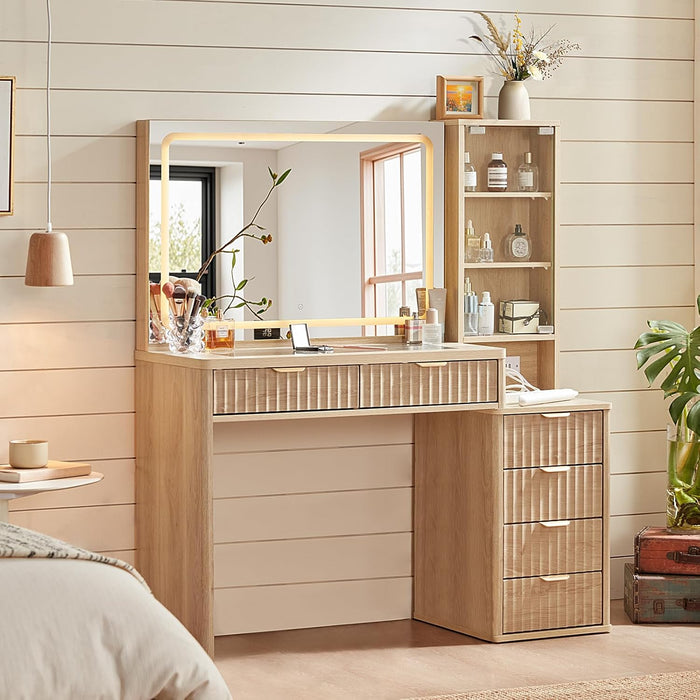 Vanity Desk with Mirror and Lights, 43.5'' Fluted Makeup Vanity with 6 Drawers and Adjustable Shelves, Glass Top Make up Vanity, Girls Wood Dressing Table with Power Outlet for Bedroom