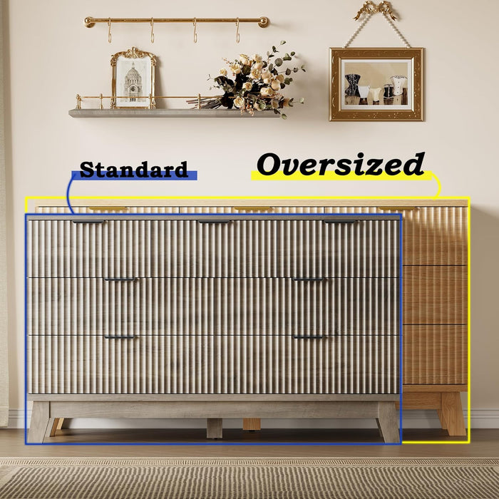 57" Long Dresser for Bedroom, 7-Drawer Fluted Chest, Wide Wood Storage Dresser with Metal Slides and Handles, Stable Base, Modern Clothes Organizer for Primary Suite, Guest Room, Nursery