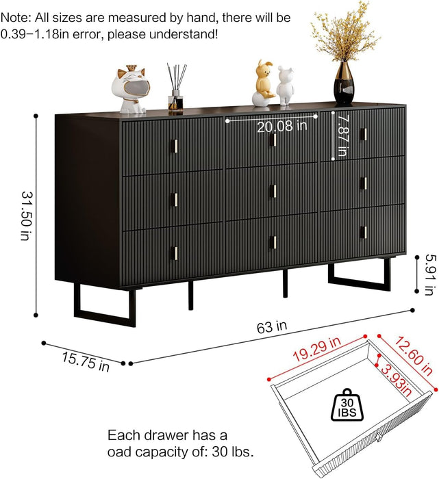 Modern Chest of Drawers with 9 Drawers,Deep Drawers,Clothes Organizer,Large Storage Cabinet for Living Room, Bedroom,Hallway,With Anti-Tipping Device,Matte Black