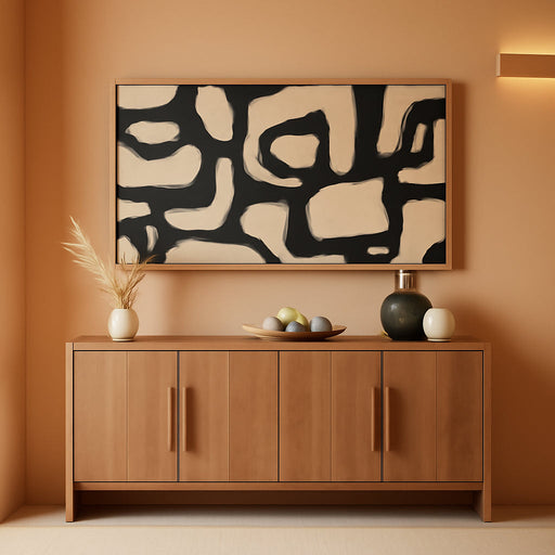 Framed Neutral Horizontal Abstract Wall Art for Living Room, Extra Large Black and Beige Modern Painting Print, Mid Century Canvas Artwork for Dining Room Bedroom Hallway Office Walls Decor, 30X60 Inch