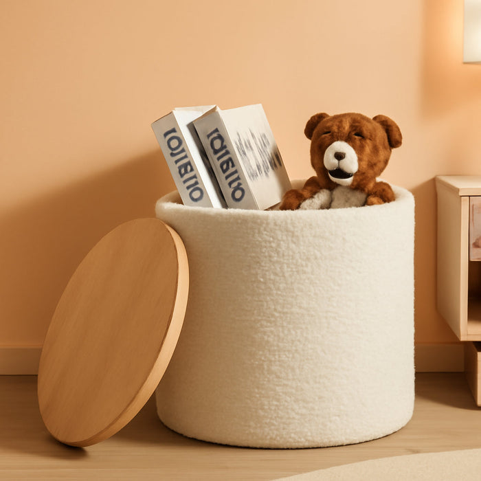 Modern round Ottoman with Storage, 16 Inch Dorm Boucle Ottoman Small Coffee Table, Multi-Functional Wood Foot Rest Stool, Extra Seating Chair for Dorm, Living Room Couch, Bedroom, Off-White