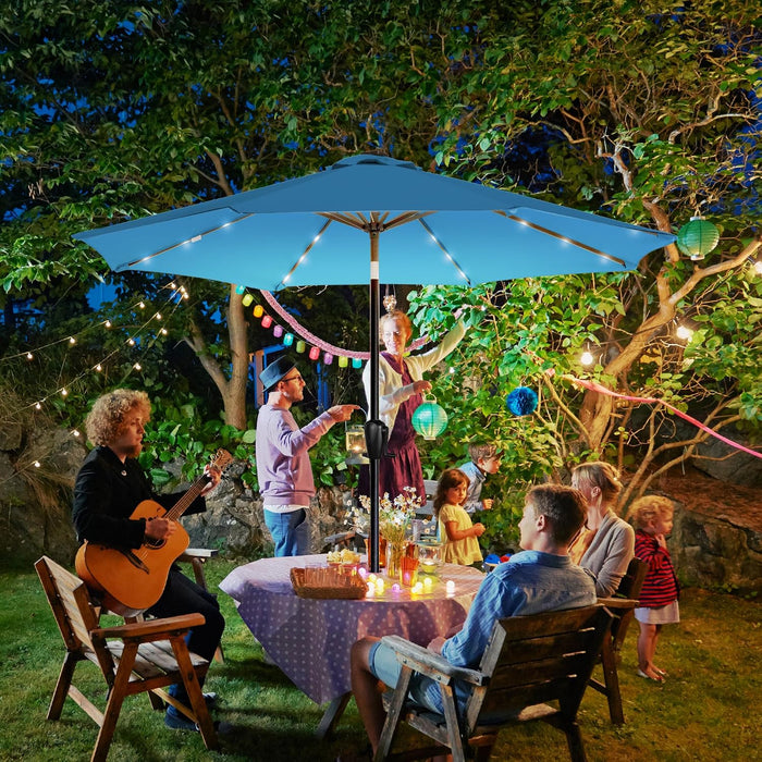 9' round Patio Umbrella with 32 Solar Powered LED Lights, Push-Button Tilt and Hand Crank Lift, Solar Umbrella in Teal for Porch, Deck, and Patio by