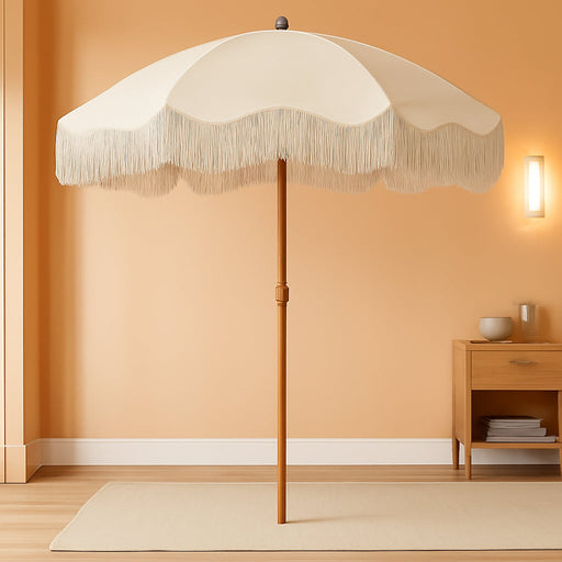 7Ft Patio Umbrella with Fringe, Boho Beach Umbrellas, Outdoor Tassels Umbrellas with Push Button Tilt & Carrying Bag, 8 Windproof Fiberglass Ribs, UPF50+