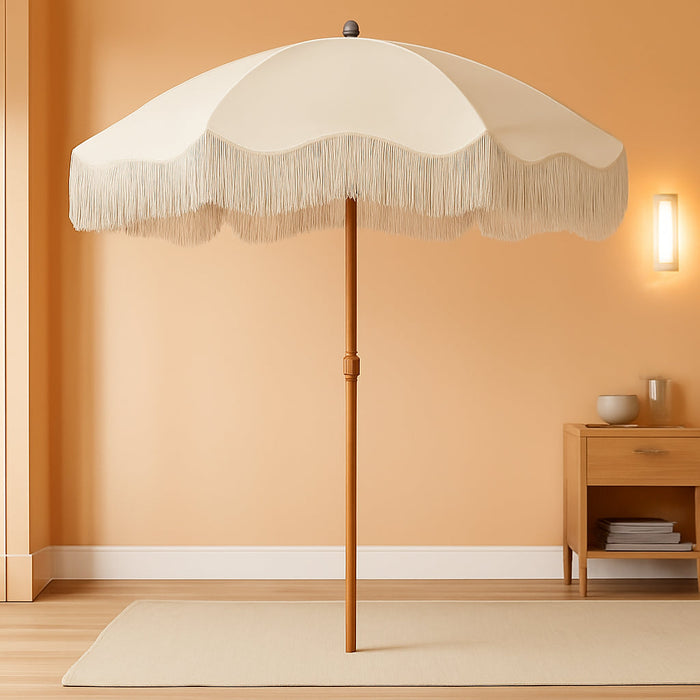 7Ft Patio Umbrella with Fringe, Boho Beach Umbrellas, Outdoor Tassels Umbrellas with Push Button Tilt & Carrying Bag, 8 Windproof Fiberglass Ribs, UPF50+
