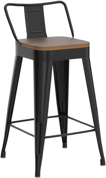 Bar Stools Set of 4 Metal Bar Stool Counter Height Bar Stools Black, Modern 24" Bar Chairs with Back and Wooden Seat Bar Stool Counter Height