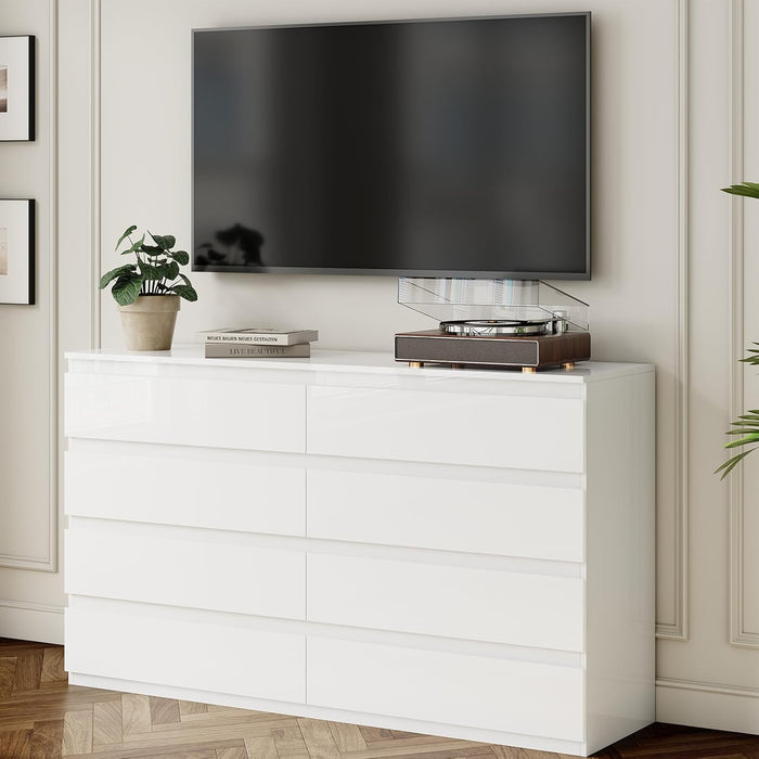 White Wood Dresser for Bedroom with 8 Drawer 55" Wide