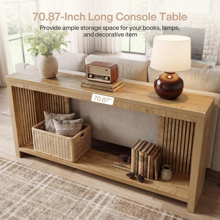 70.9-Inch Long Entryway Table with 2-Tier Storage, Farmhouse Narrow Sofa Console Table with Vertical Stripe Legs, for Entrance, Entryway, Hallway, Foyer, behind the Couch, Brown