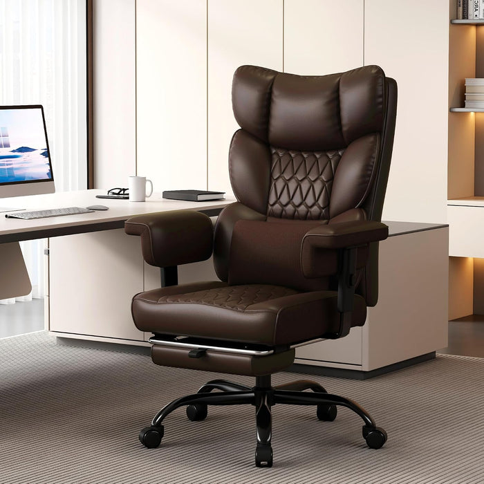 Big and Tall Office Chair with Footrest, High Back Executive Desk Chair with Adjustable Lift Armrest, 155°Recline, Lumbar Support Pillow, Faux Leather Gaming Chairs for Home or Office Brown