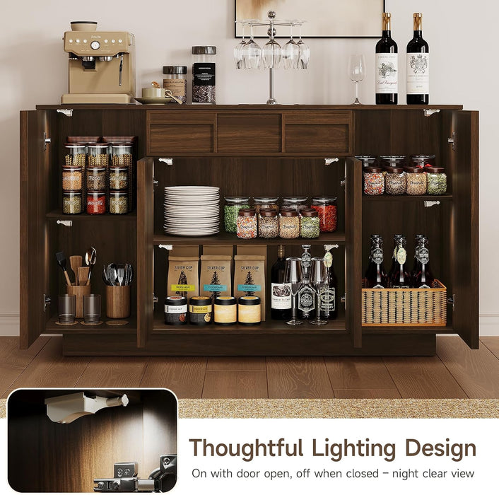 Buffet Cabinet with Storage Drawer & Built-In Lights, 55" Wood Sideboard | Credenza Storage Cabinet with 4 Doors, Coffee Bar for Kitchen, Living Room, Mid Century Modern Style, Skeleton Lines, Walnut