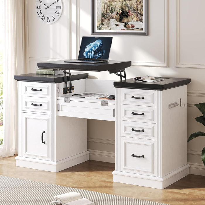 57" Lift Executive Desk with Drawers, Farmhouse Home Office Desk with File Cabinet Storage, Computer Desk with Charging Station & Headphone Hook for Work/Study/Writing (White & Black, Lift)