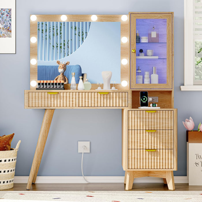 Fluted Vanity Desk with Mirror and Lights, 45" Glass Top Makeup Table Set with 5 Drawers, Power Outlet & Storage Cabinet, Large Dressing Table with RGB Ambient Light for Bedroom Women Girls, Oak