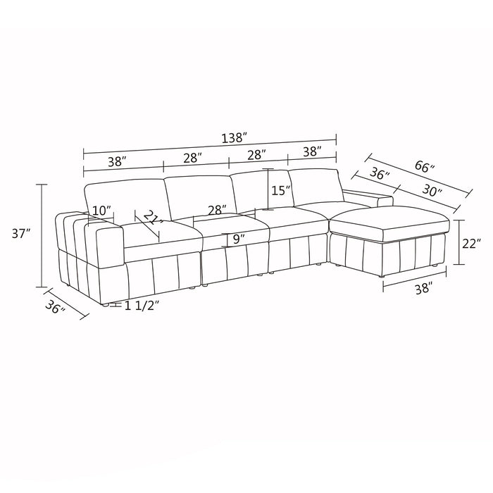 132" Oversized Sectional Sofa, 4 Seater Couch with Ottoman for Living Room, Microfiber, Gray