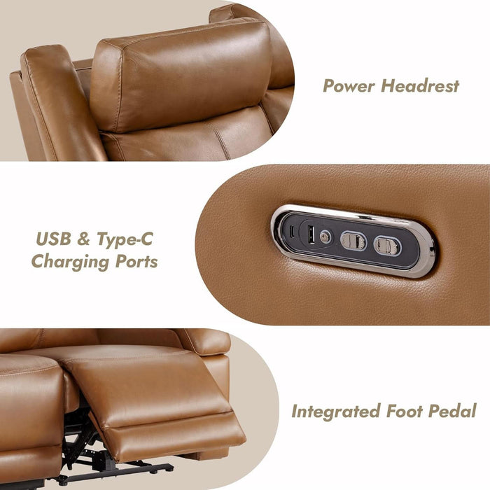 Genuine Leather Power Recliner Sofa, 3 Seater Wall Hugger Reclining Sofas with Power Headrest, USB & Typec Ports, Electric Recliner Couch Set for Living Room, Saddle Brown