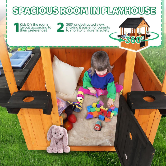 Kids Outdoor Playhouse with Sink Toys, Picnic Table, Mailbox, Spacious Wooden Toddler Playhouse for Backyard Kids 3-8Y DIY Room with Flowerpot Holders, Plastic Basin (Light Brown)