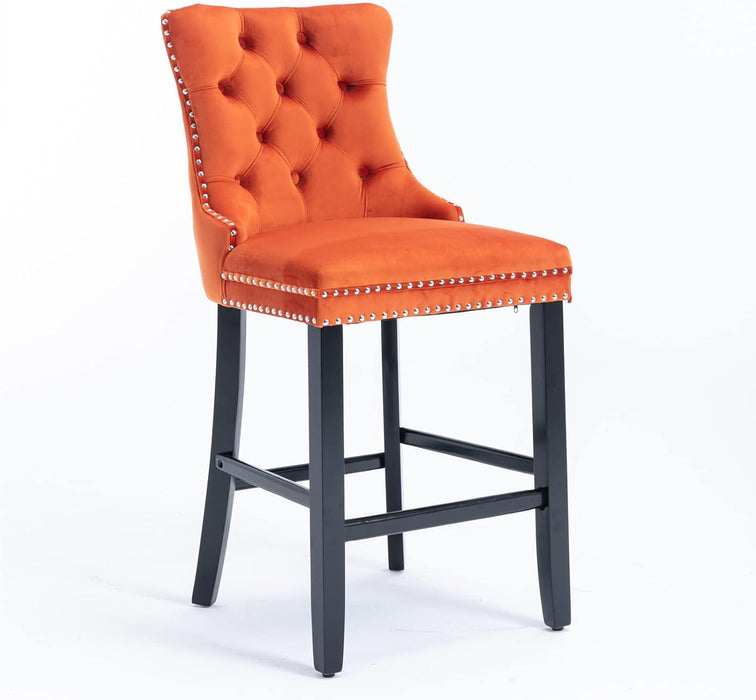 Velvet Upholstered Wingback Bar Stools Set of 2, Button Tufted Counter Height Bar Stool Chairs with Nailhead Trim&Handle Ring, Padded Kitchen Island Barstools W/Solid Wood Frame, Orange