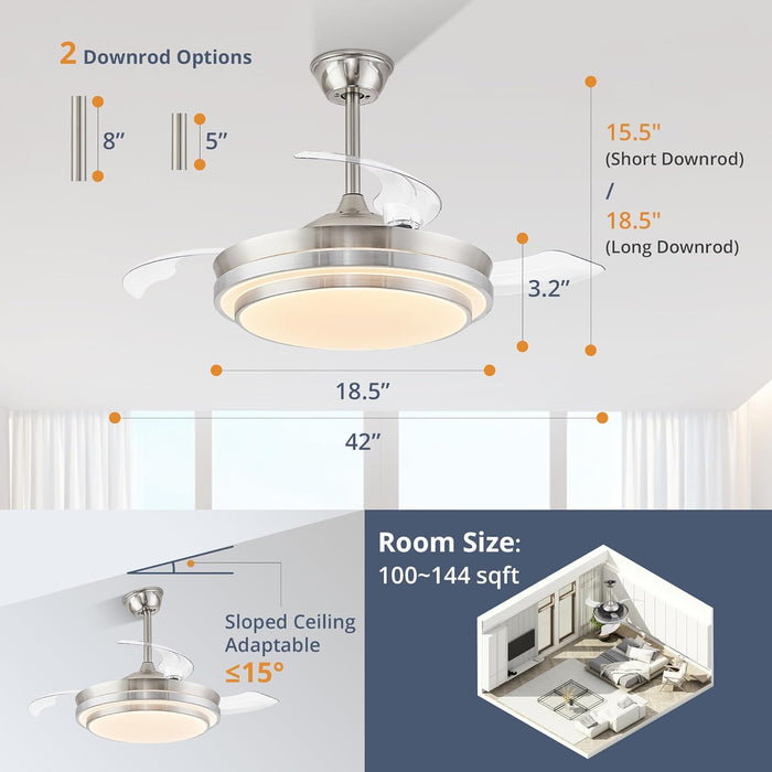 Retractable Ceiling Fans with Lights and Remote, 42 Inch Fandelier Ceiling Fans with LED Lighting, Smart Modern Ceiling Fan, Stepless Color Changeable, Dimmable, Timer Setting, Brush Nickel
