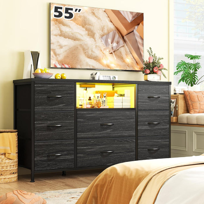 Black Dresser for Bedroom with LED Lights & Charging Station,  for Bedroom with 8 Drawer for 55 Inch TV, Fabric Dressers & Chests of Drawers with Open Shelves for Hallway Entryway