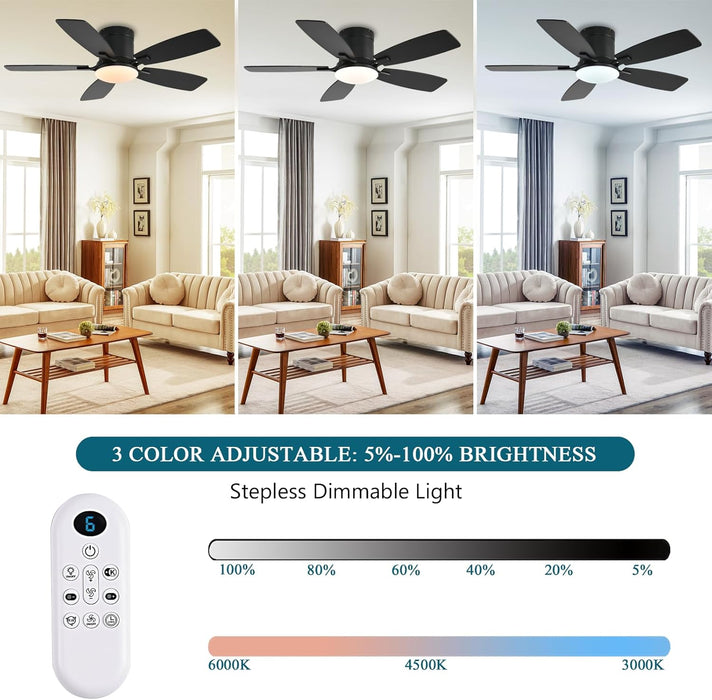 Ceiling Fans with Lights, 42 Inch Low Profile Ceiling Fan with Light and Remote Control, Flush Mount, Reversible Motor, Dimmable, Noiseless, Black Ceiling Fan for Bedroom, Indoor/Outdoor Use