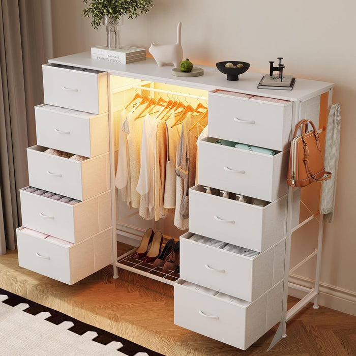 55"W Dresser with Hanging Rack,10 Fabric Drawers & Hooks for Bedroom