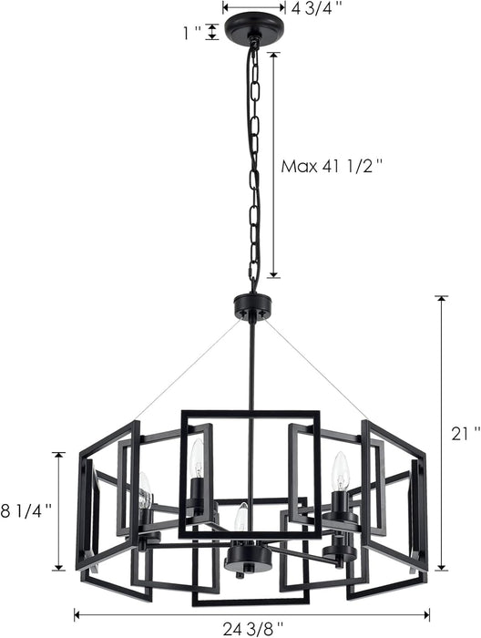 Industrial Style Chandelier, with Matt Black Finish Geometric Shade Pendant Lighting Fixture for Dining Room Living Room Kitchen Island Bedroom 5-Light