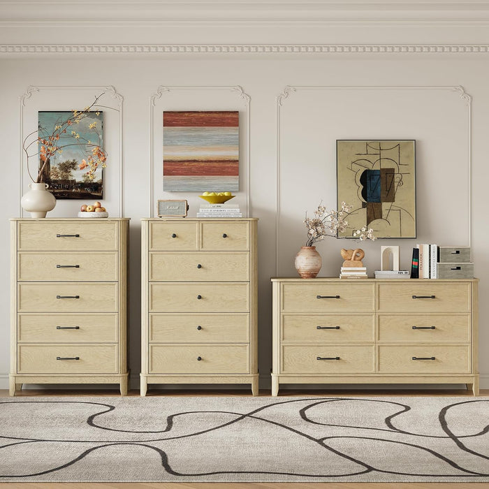 5 Drawer Dresser for Bedroom, Modern Farmhouse Chest of Drawers with Rattan Side Panels, Wooden Storage Cabinet with Metal Handles, Solid Wood Legs & Anti-Tip Kit for Living Room, Natural Wood