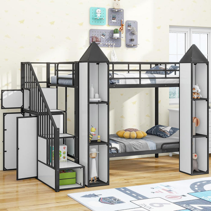 Twin over Twin Metal Bunk Bed with Stairs and Storage Wardrobe, Castle-Shaped Bunk Bed Heavy-Duty Steel Frame, Noise Free,For Kids Teens Adults, Black+White