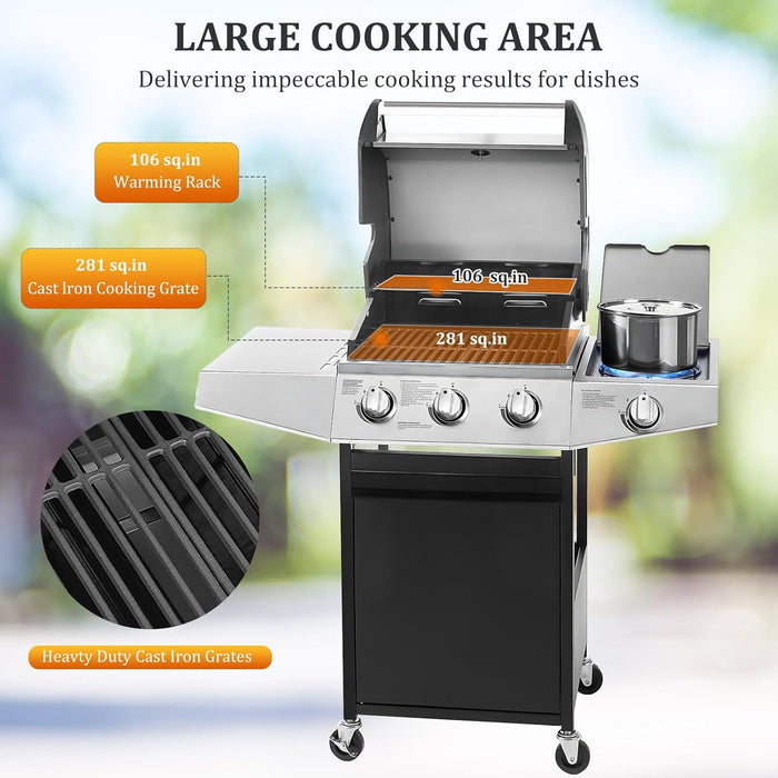3-Burner Propane Gas BBQ Grill with Side Burner & Porcelain-Enameled Cast Iron Grates Built-In Thermometer, 39,000 BTU Outdoor Cooking, Patio, Garden Barbecue Grill, Black and Silver