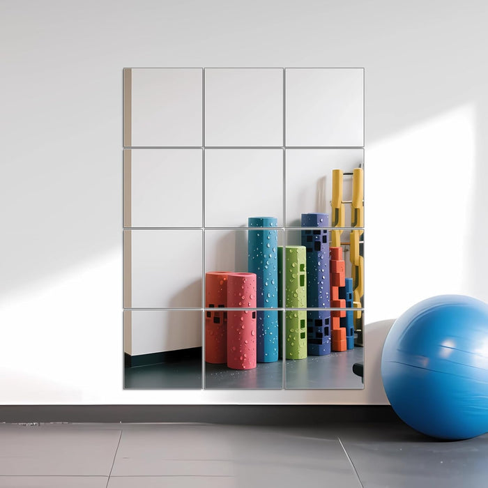 Home Gym Mirrors 12 Inch X 12Pcs Wall Mounted Mirror Glass Frameless Full Length Mirror Tiles for Home Gym, Bedroom, Door & Bathroom
