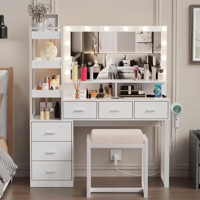 White Makeup Vanity Set with LED Lighted Mirror and Power Outlet, 6-Drawers and 3 Storage Movable Shelves