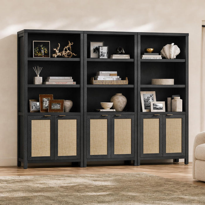 71" Tall Bookcase 5 Tier Rattan Bookshelf with Doors for Library | Farmhouse Storage Book Shelf with Adjustable Shelves Large Book Case Bookshelves for Living Room Home Office Bedroom Kitchen