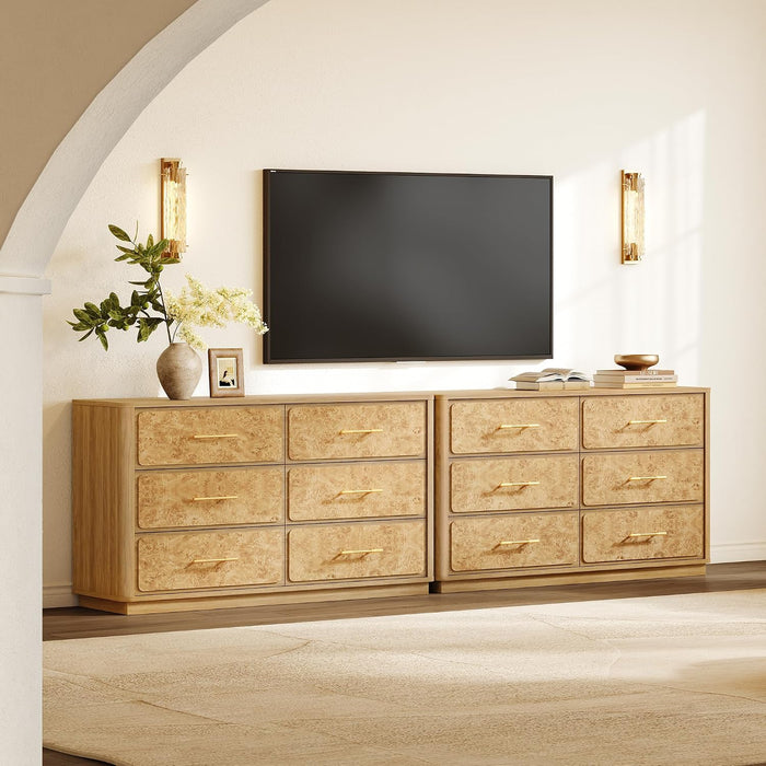 55" Extra Wide Dresser for Bedroom - Burl 6 Drawer Chest of Drawers