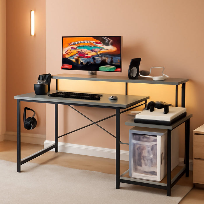 Computer Desk, 48 Inch Gaming Desk with Led Lights & Power Outlet, Office Desk with Printer Storage Shelves, Reversible Desk with Monitor Shelf & Headphone Hook, Grey Oak