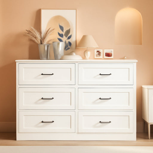 Dresser for Bedroom, 6 Drawer Wide Dresser Organizer with Charging Station for Hallway with Metal Handles, Woodgrain White