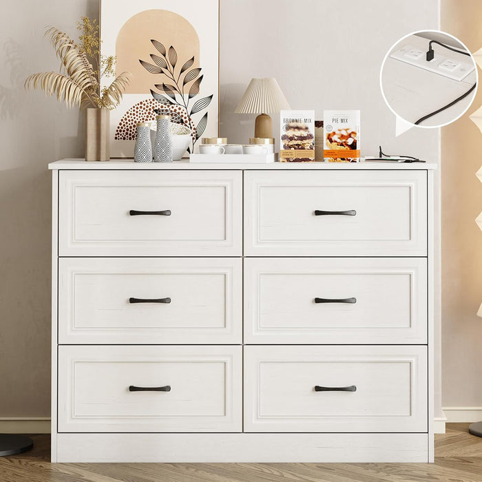 Dresser for Bedroom, 6 Drawer Wide Dresser Organizer with Charging Station for Hallway with Metal Handles, Woodgrain White