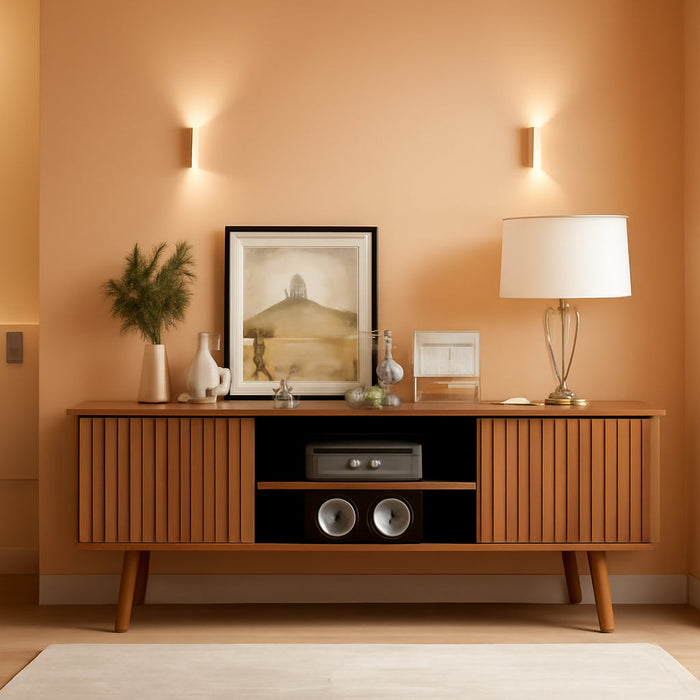 TV Stand for Living Room, Mid Century Modern Entertainment Center for 55/60 Inch Tvs, TV Console with Fluted Door Cabinets and Open Shelves, for Bedroom, Walnut