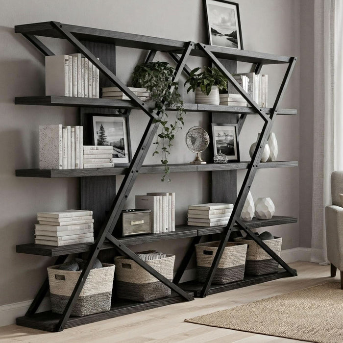 Industrial Bookshelf, Vintage 5-Tier Tall Bookcase with Wood and Metal Frame, Rustic Large Display Shelf for Home Office, 72" H X 47" L X 12" W, Black
