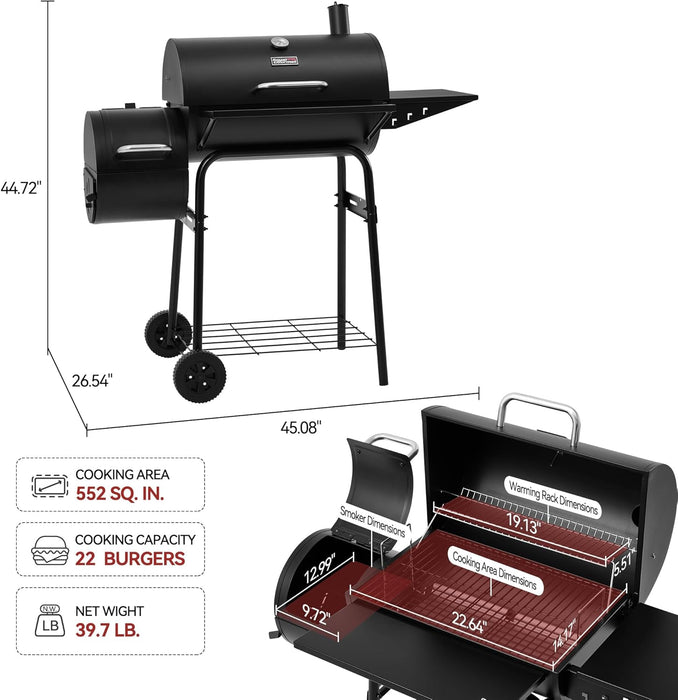 CC1624S Barrel Charcoal Grill with Offset Smoker, 552 Sq. In. Cooking Area, Steel Front Shelf, Steel Side Shelf with Hooks, Charcoal Grill for Outdoor Grilling, Black