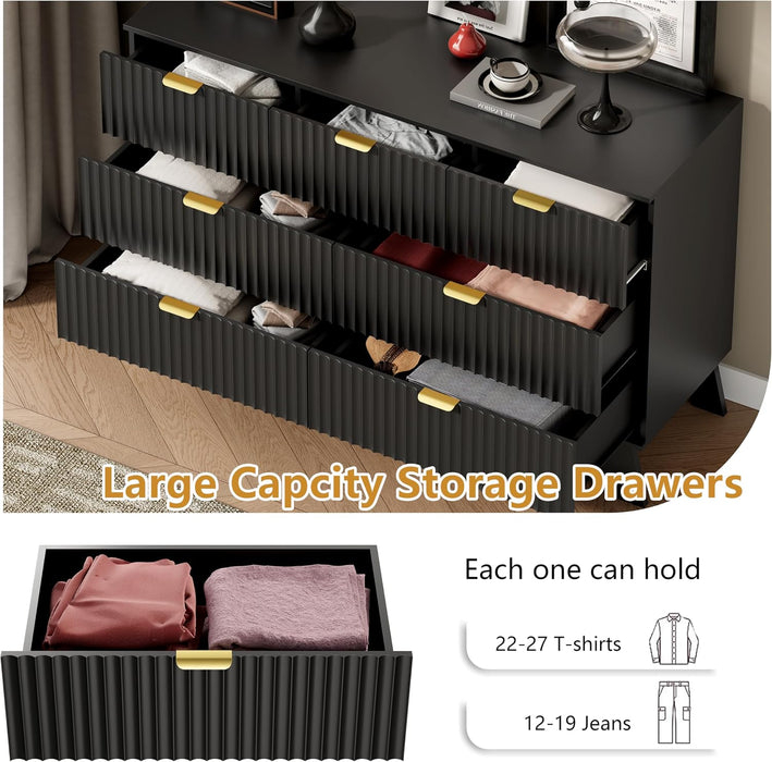 7 Drawer Fluted Dresser for Bedroom, Mid Century Modern Dresser with 7 Drawers, Dressers & Chests of Drawers with Metal Handle, TV Stand & Storage Organizer for Entryway, Hallway, Black