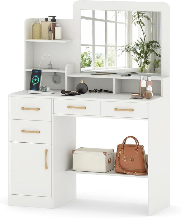 White Makeup Vanity Desk with Mirror & Charging Station, Modern Vanity Table with 4 Drawers, 3 Shelves, 1 Cabinet & Spacious Desktop, 40 Inch Dressing Table with Storage for Bedroom