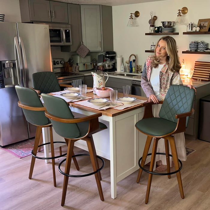 Set of 2 Bar Height Bar Stools - 30 Inch Swivel Bar Stools with Curved Back and Arms, Walnut Craftsmanship, Upholstered Seat, Mid Century Barstools for Bar/ Pub/Island/Coffee (30" Seat Height, Green)