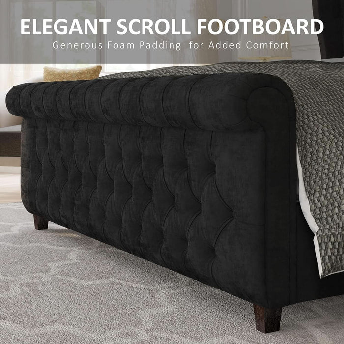Queen Size Platform Bed Frame, Velvet Upholstered Sleigh Bed with Scroll Wingback Headboard Footboard/Button Tufted/No Box Spring Required/Easy Assembly/Black