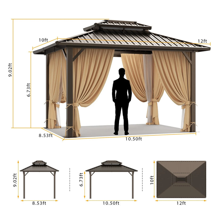 10X12 Hardtop Gazebo Aluminum Gazebos with Galvanized Steel Double Roof Metal Gazebo with Curtains and Netting Permanent Steel Gazebo for Backyard, Garden and Patio, Brown