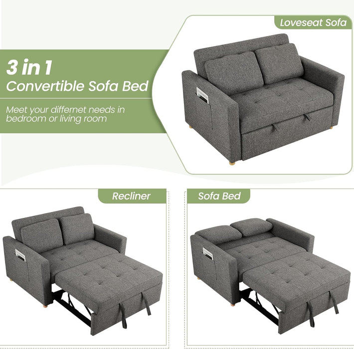 Sleeper Sofa Bed, 3-In-1 Convertible Sofa Chair, Linen Fabric Pull Out Couch Bed, Loveseat Sleeper with Spring Support, Adjustable Backrest, 2 Seater Recliner Chair for Small Space, Dark Grey
