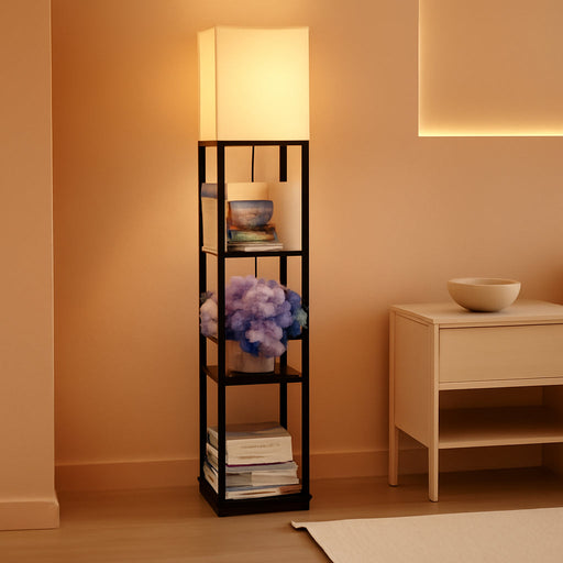 Floor Lamp with Shelves, Modern Square Standing Lamp with 3 Color Temperature Bulb, Corner Display Bookshelf Lamp for Living Room, Bedroom and Office (Black)