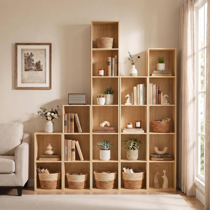 6 Cube Storage Organizer, 6 Tier Tall Skinny Bookshelf, Oak Cube Shelf | 62.4 X 11.8 X 9.3 Wood Narrow Bookcase for Home Office Bedroom Living Room, Anti-Tipping Device