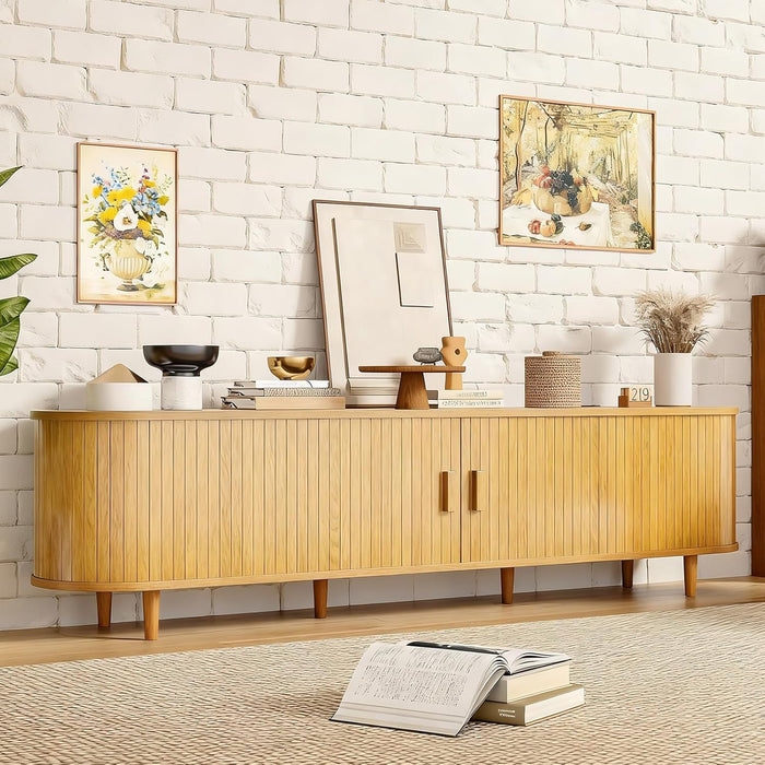 70" Mid Century Modern TV Stand, Wood TV Consoles with Sliding Doors and Power Outlet, Entertainment Center with Adjustable Shelves, Fluted TV Stands for Living Room, Oak