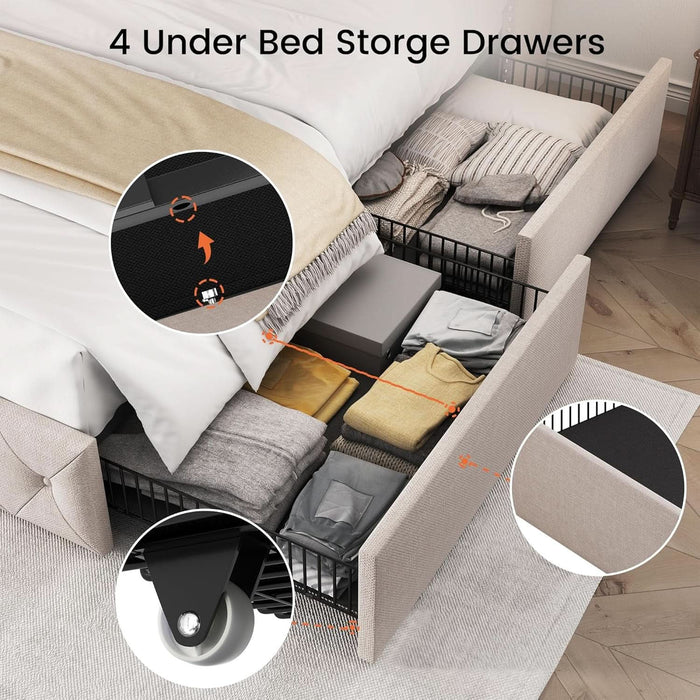 King Size Bed Frame with 4 Storage Drawers and Tufted Headboard Linen Upholstered Platform Bed Frame Wingback Beds with Wooden Slats Support, Easy Assembly, Beige
