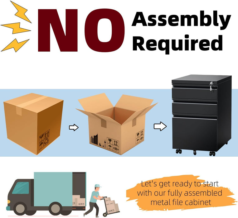 3 Drawer File Cabinet for Home Office, under Desk Mobile Filing Cabinet with Lock for A4-Size/Letter-Size/Legal-Size, Black (HSEJ-3D)