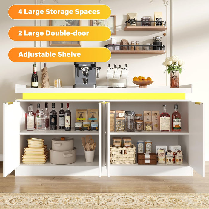 63" Sideboard Buffet Cabinet, Kitchen Buffet Cabinet Storage Cabinets with Power Outlets & LED Light, Modern Sideboard Coffee Bar Buffet Cabinets for Kitchen, Dinning, Living Room, White